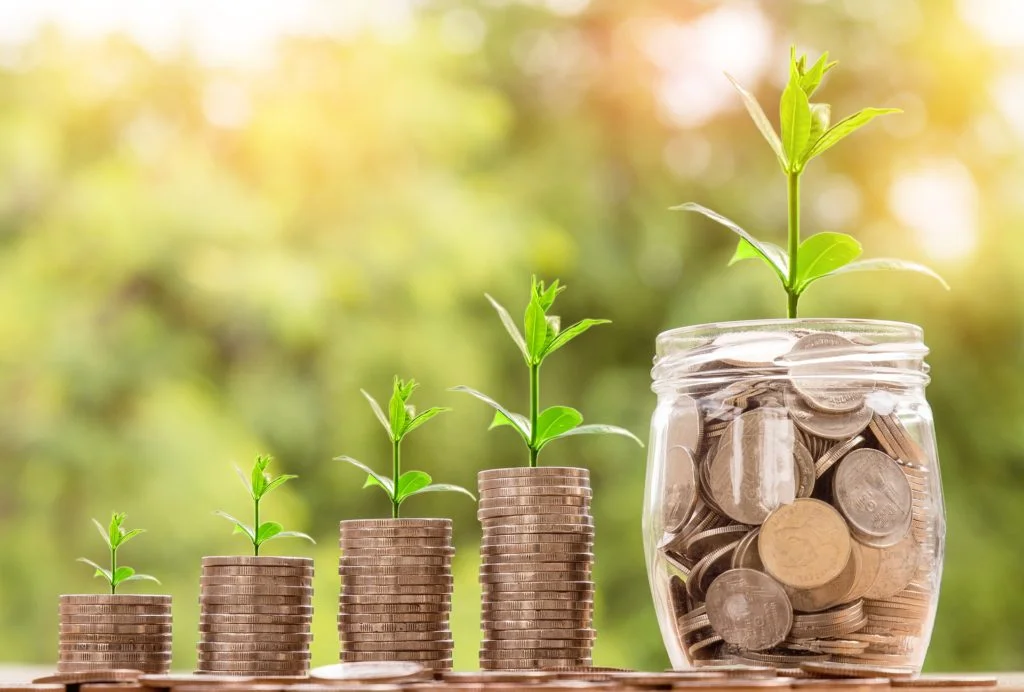 Stacked coins with growing plants, symbolizing dividend growth