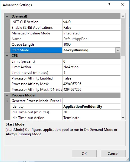 Application Pool Start Mode set to AlwaysRunning