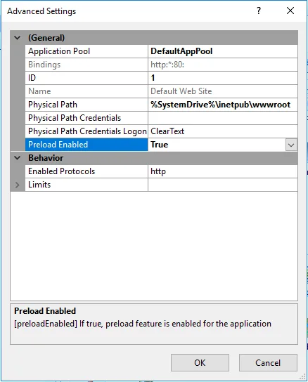Preload Enabled setting in IIS application advanced settings