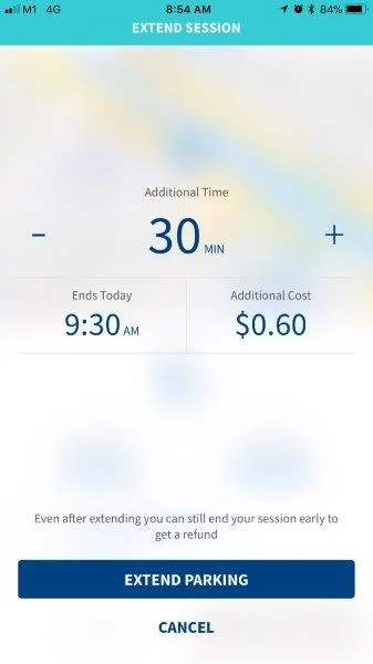 Extending a parking session in the Parking.sg app