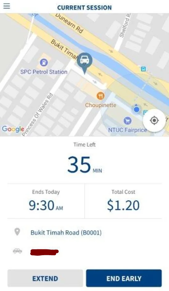 Extended parking session details in the Parking.sg app