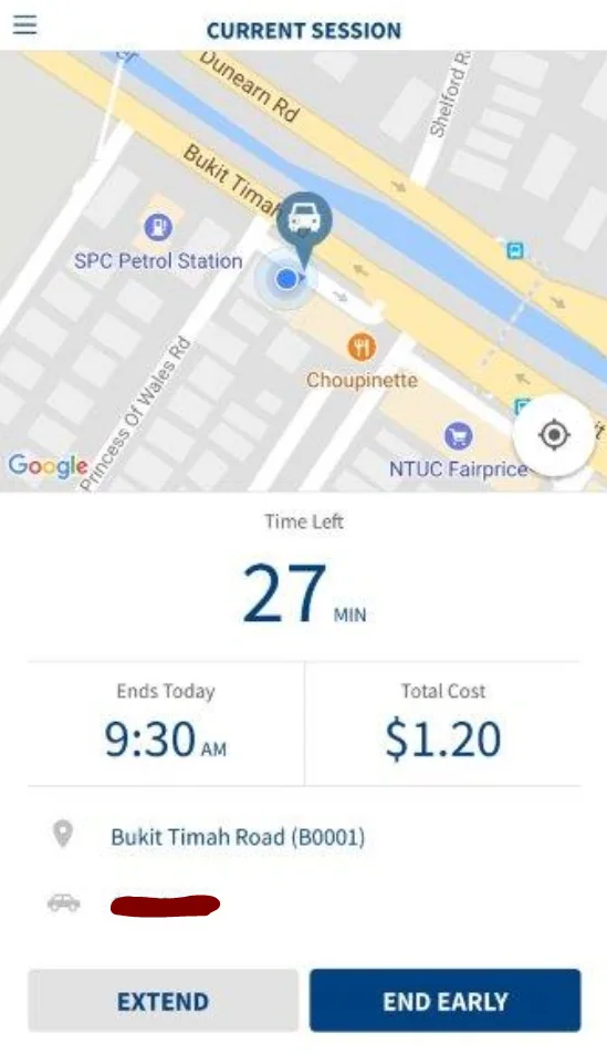 Ending a parking session early in the Parking.sg app