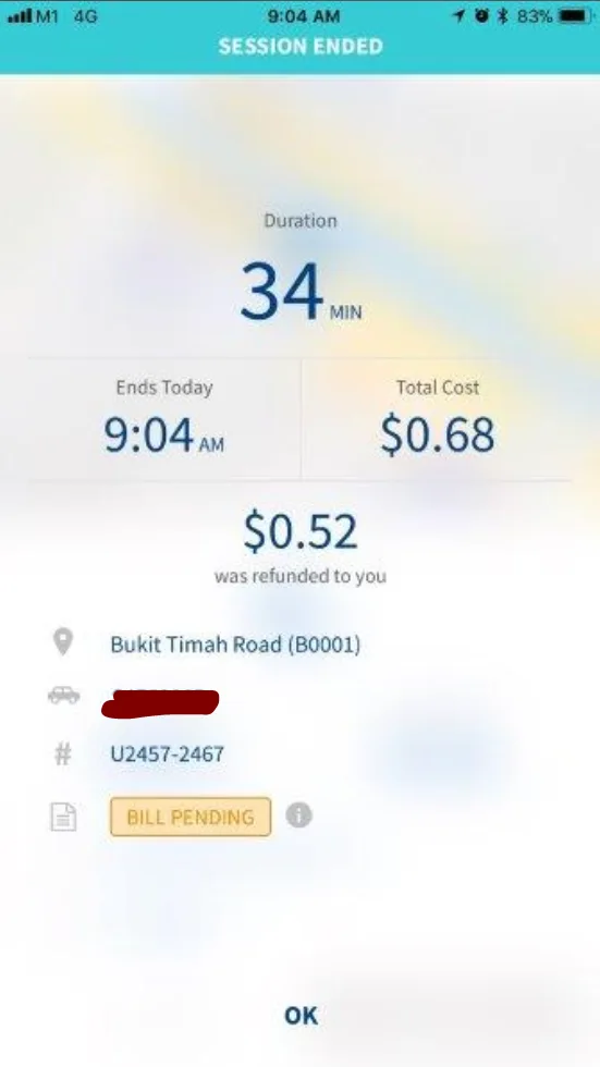 Parking session summary in the Parking.sg app