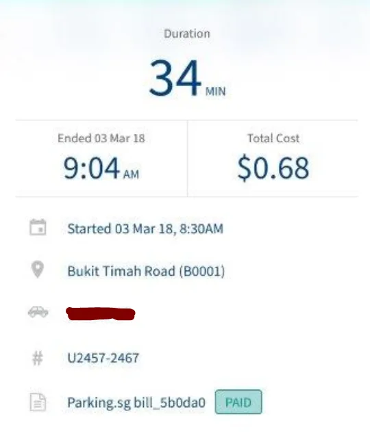 Parking history details in the Parking.sg app