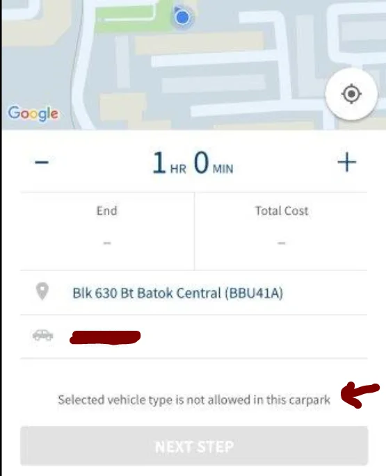 Not-allowed-to-park tip in the Parking.sg app