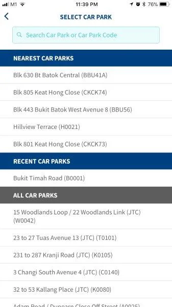 Car park search results in the Parking.sg app