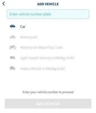 Adding a vehicle license plate in the Parking.sg app